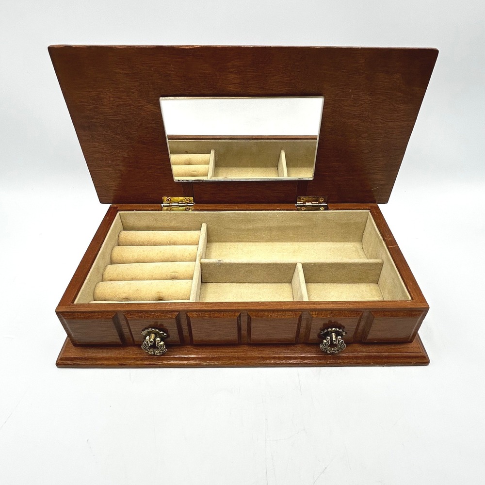 Centurion Jewelry Box Brown Wood Mirror Lined Vintage 10" x 5" x 2.5"